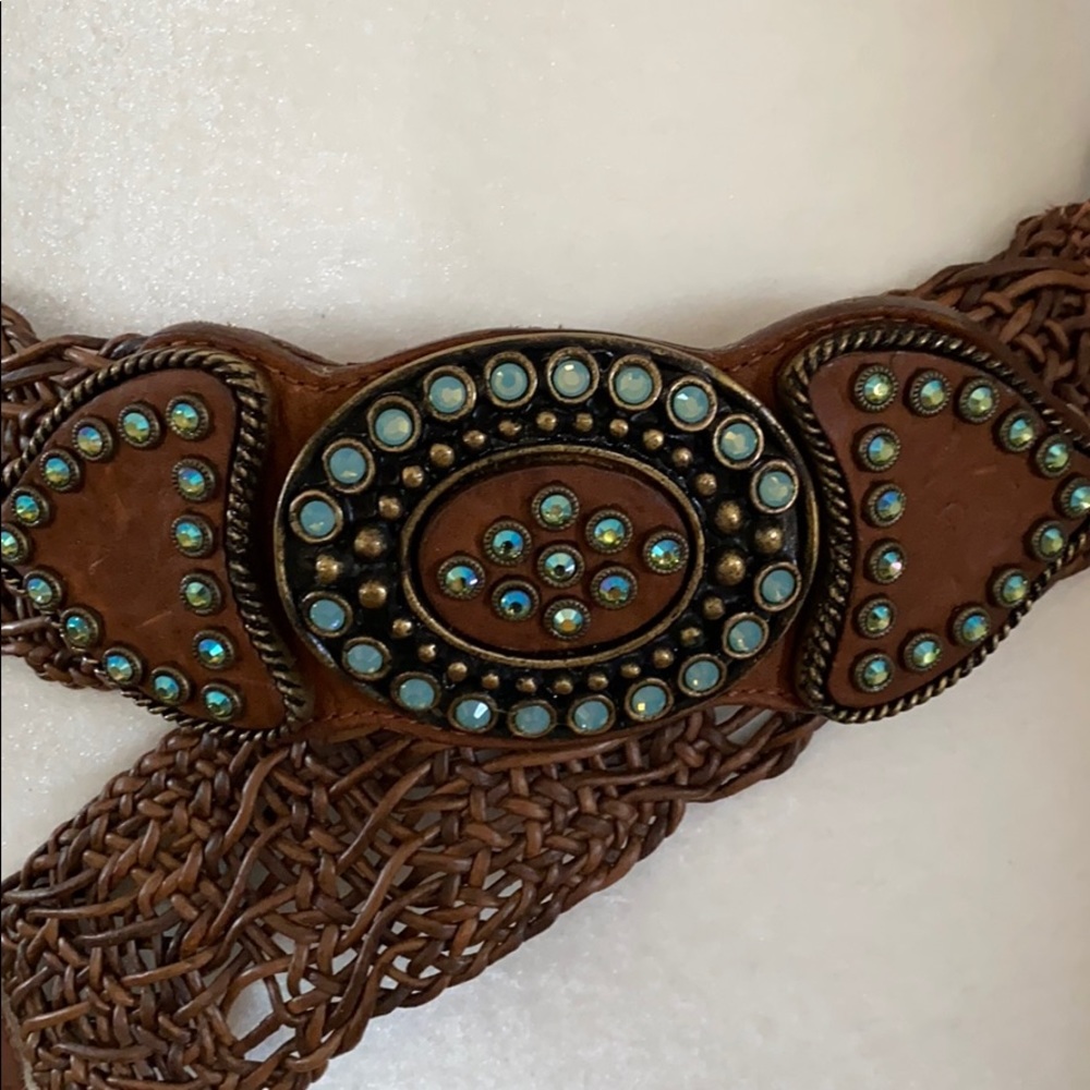 Vintage Leather Boho Belt with rhinestones XS-S